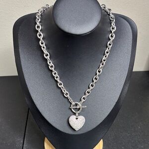 Sparkling Rhinestone Silver Puffy Heart Toggle Chain Link Necklace